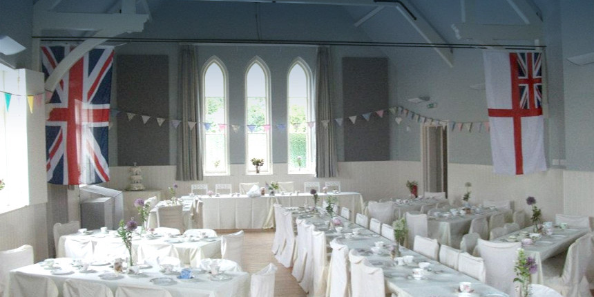 Interior of Eridge Village Hall - getting ready for a wedding reception
